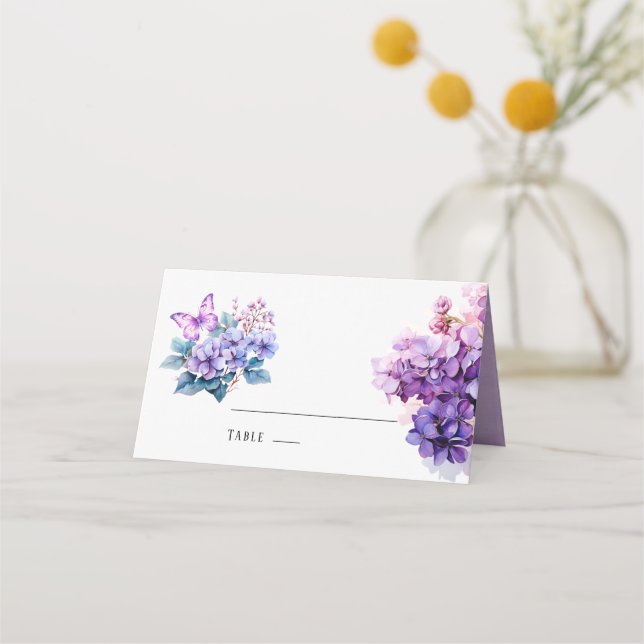 Violet Hydrangea Floral Butterfly Wedding Table Place Card (Front)