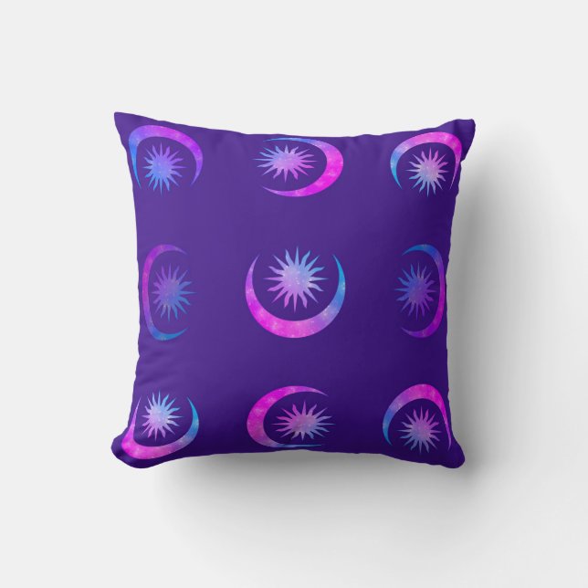 Violet Indigo Purple Moon & Sun Zen Bedroom Cushion (Front)