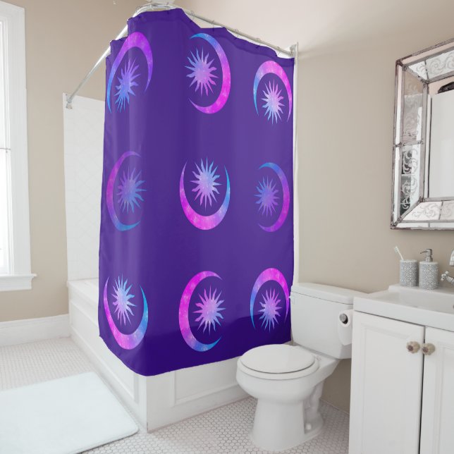 Violet Indigo Purple Moon & Sun Zen Bedroom Shower Curtain (In Situ)