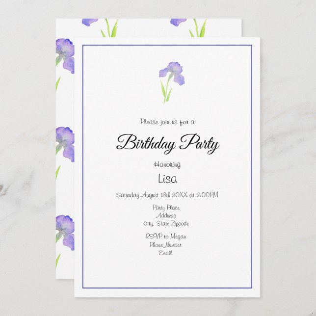 Violet Iris and Iris Pattern Invitation (Front/Back)