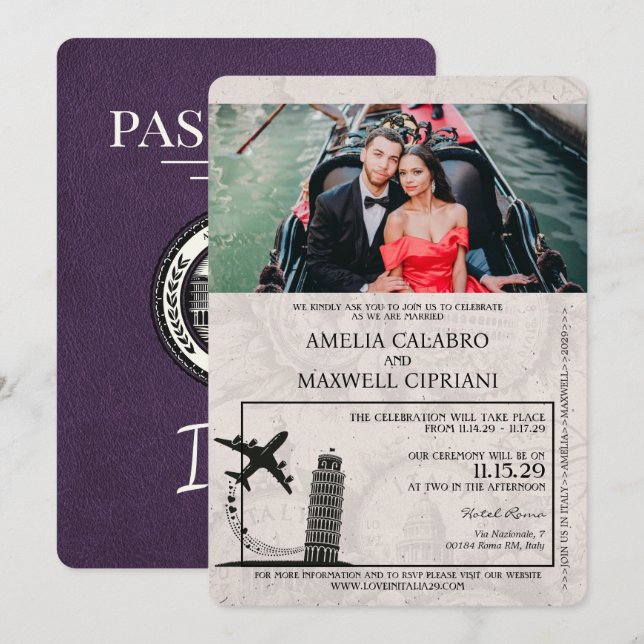 Violet Italy Passport Wedding Invitation (Front/Back)