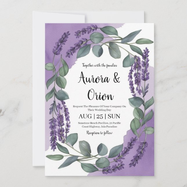 violet lavender and eucalyptus wedding invitations (Front)