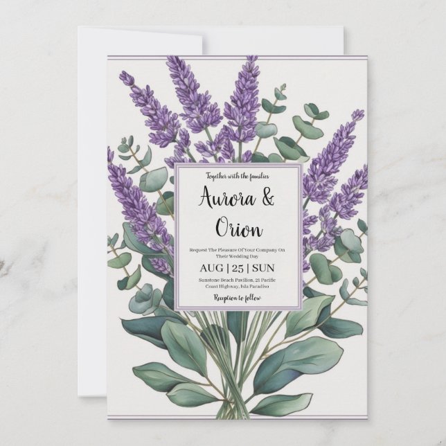 violet lavender and eucalyptus wedding invitations (Front)