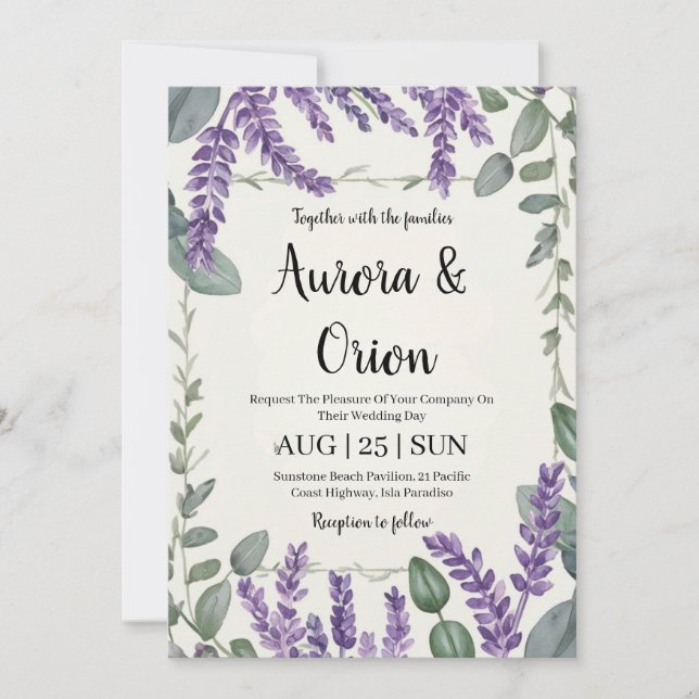 violet lavender and eucalyptus wedding invitations (Front)
