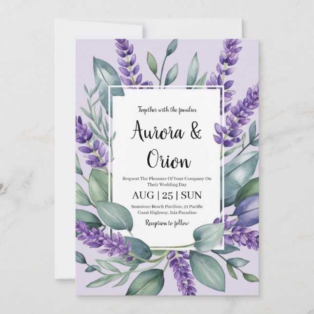 violet lavender and eucalyptus wedding invitations (Front)