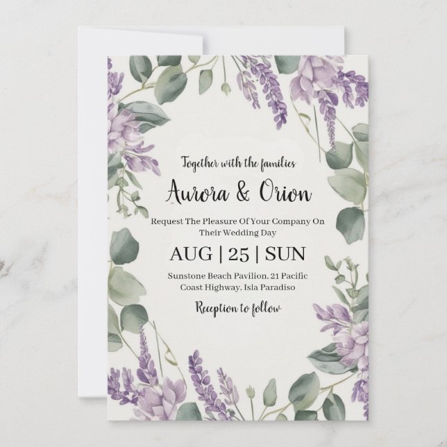 violet lavender and eucalyptus wedding invitations (Front)