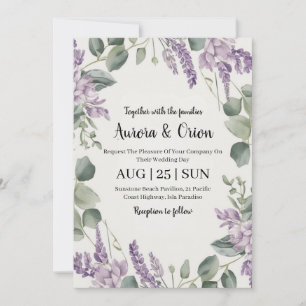 violet lavender and eucalyptus wedding invitations