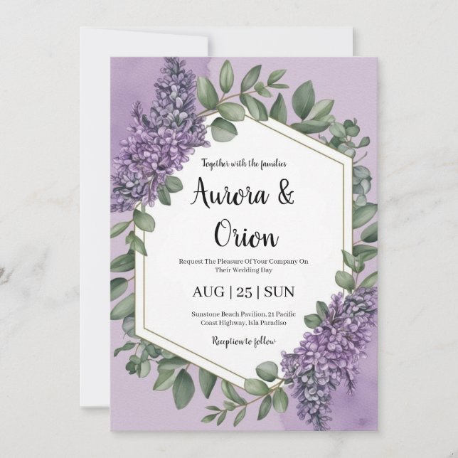 violet lavender and eucalyptus wedding invitations (Front)
