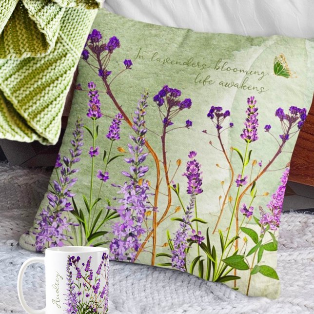 Violet Lavender Blooms. Good Vibes. Rustic Floral Cushion (Creator Uploaded)