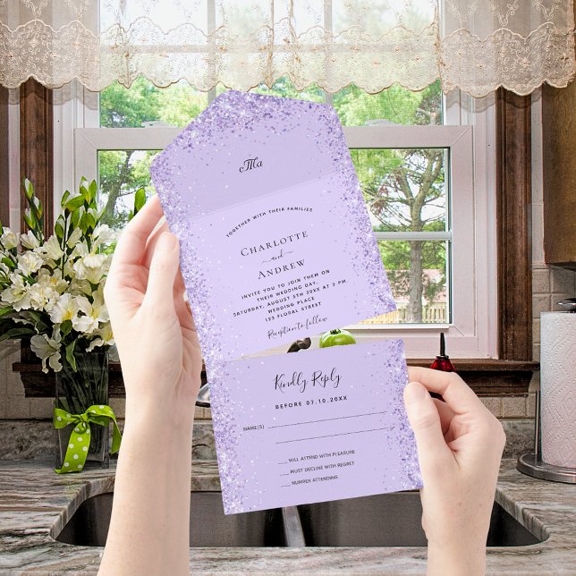 Violet lavender confetti rsvp wedding all in one invitation (Creator Uploaded)