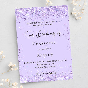 Violet lavender confetti script luxury wedding invitation