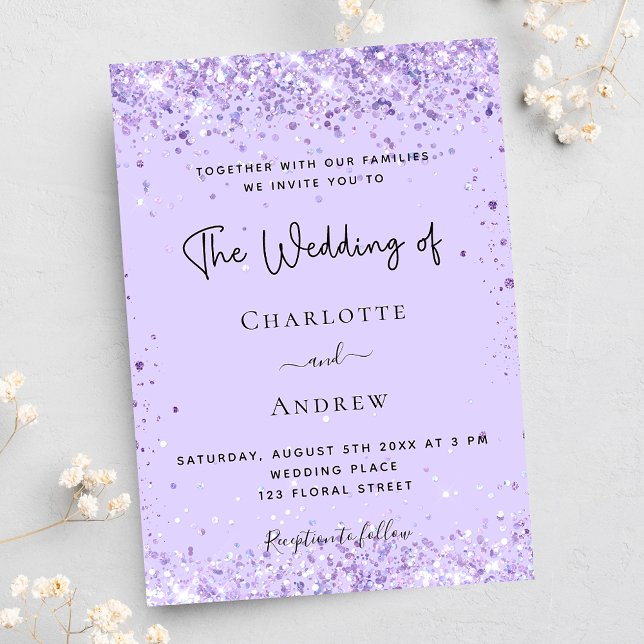 Violet lavender confetti script luxury wedding invitation (Creator Uploaded)