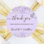 Violet lavender confetti thank you wedding classic round sticker<br><div class="desc">A stylish violet,  lavender coloured background,  decorated with confetti.  With the text: Thank you for sharing our special day,  with a small heart.   Personalise and add your names.</div>