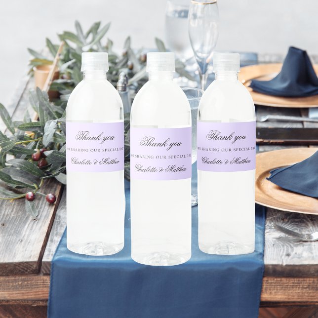 Violet lavender elegant script wedding thank you water bottle label (Creator Uploaded)