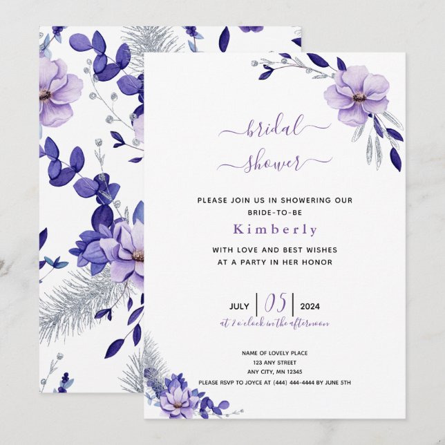 Violet Lavender & Floral Bridal Shower Invitation (Front/Back)