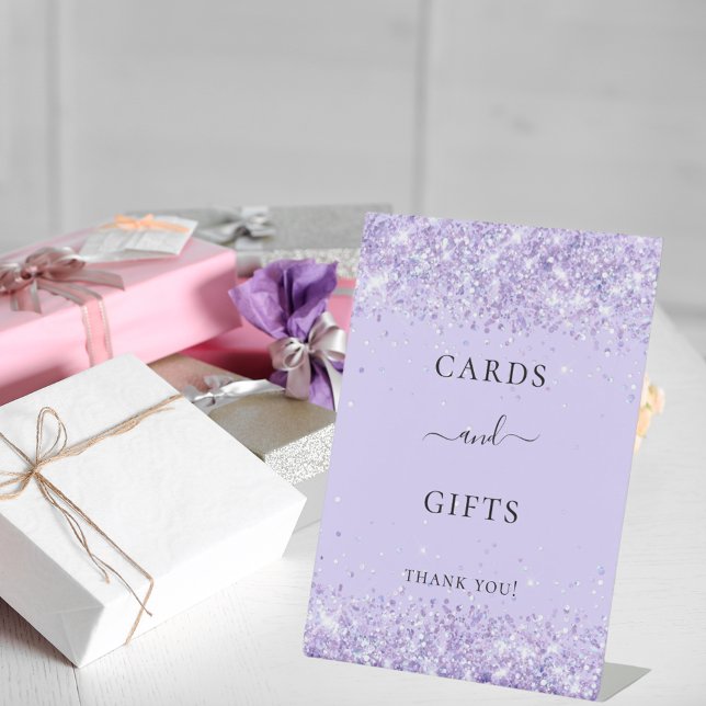 Violet lavender glitter party cards gifts pedestal sign (Creator Uploaded)