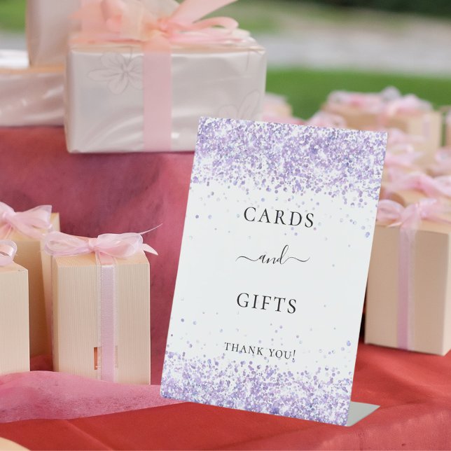 Violet lavender glitter white party cards gifts pedestal sign (Creator Uploaded)