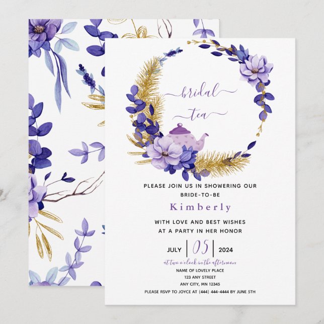 Violet Lavender & GoldFloral Bridal Tea Invitation (Front/Back)