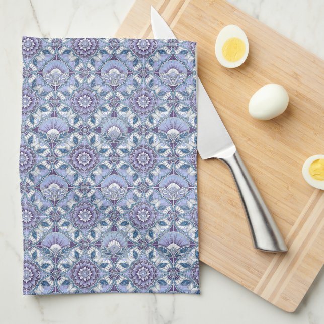 Violet, Lavender, Lilac, Blues & White Art Deco Tea Towel (Quarter Fold)