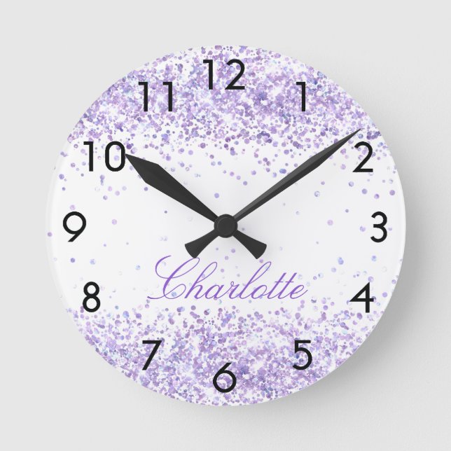 Violet lavender name script elegant round clock (Front)