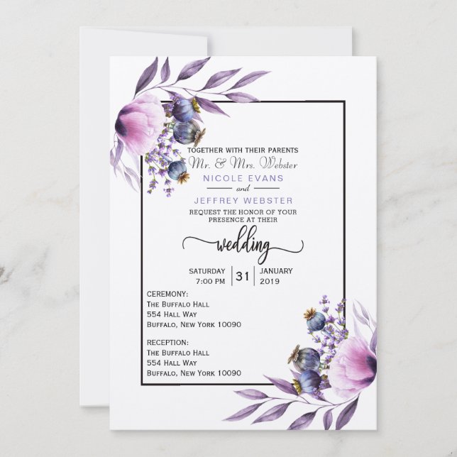 Violet Lavender Poppy Watercolor Flower Wedding Invitation (Front)