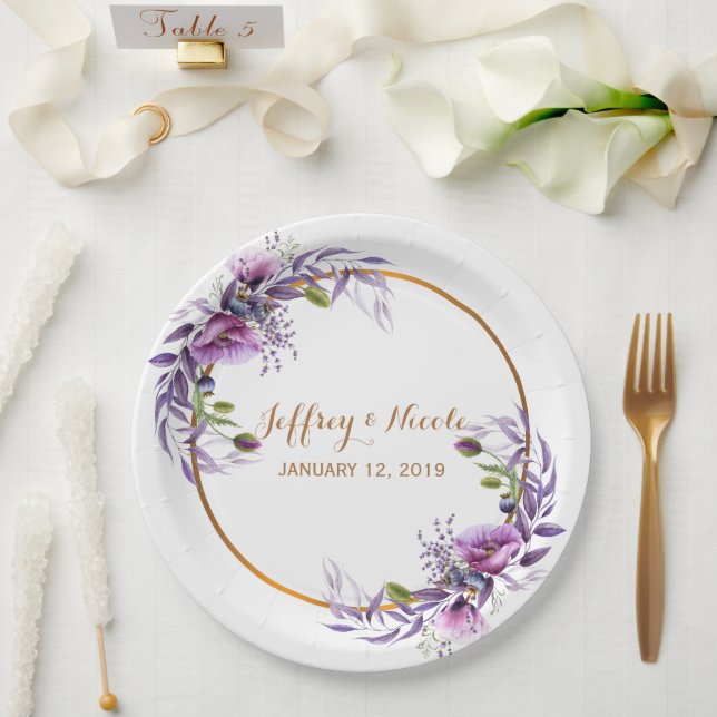 Violet Lavender Poppy Watercolor Flower Wedding Paper Plate (Wedding)