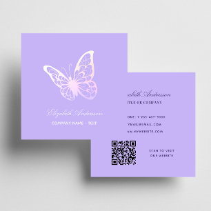 Violet lavender QR code butterfly Square Business Card