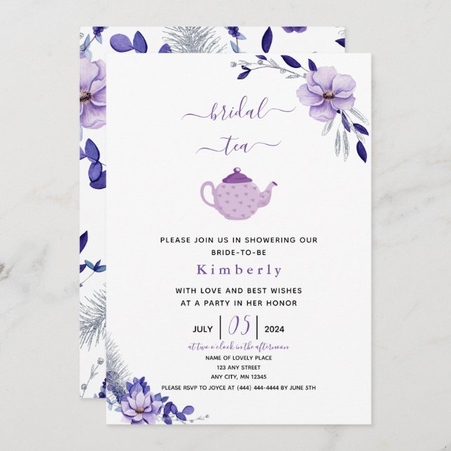 Violet Lavender & Silver Floral Bridal Tea Invitation (Front/Back)