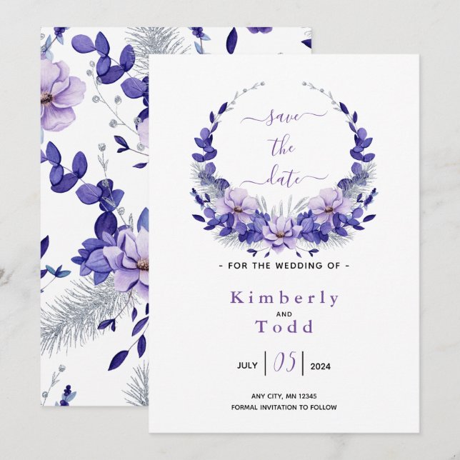 Violet Lavender & Silver Floral Save the Date Invitation (Front/Back)