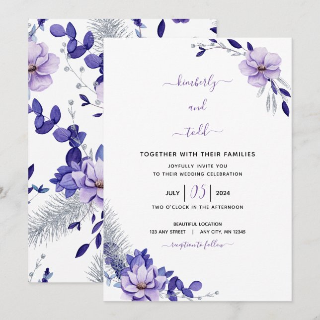 Violet Lavender & Silver Floral Wedding Invitation (Front/Back)