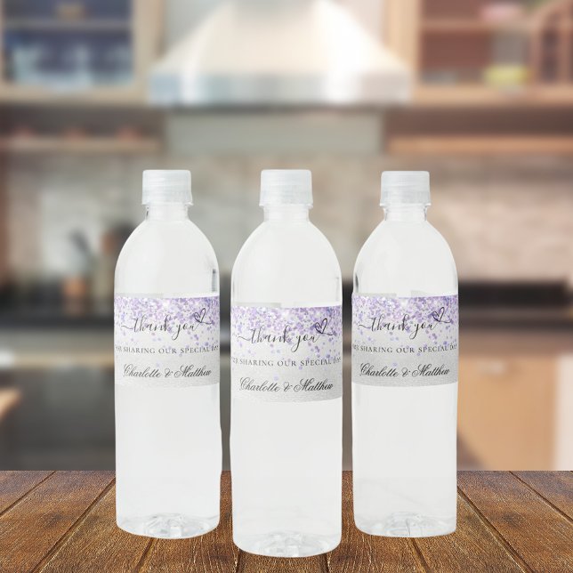 Violet lavender silver wedding thank you water bottle label (Creator Uploaded)