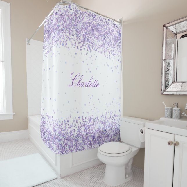 Violet lavender white confetti name elegant shower curtain (In Situ)