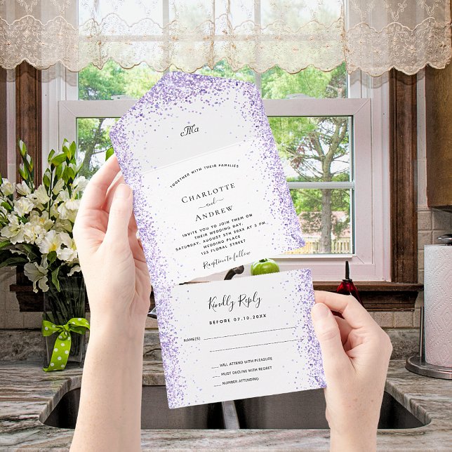 Violet lavender white confetti rsvp wedding all in one invitation (Creator Uploaded)