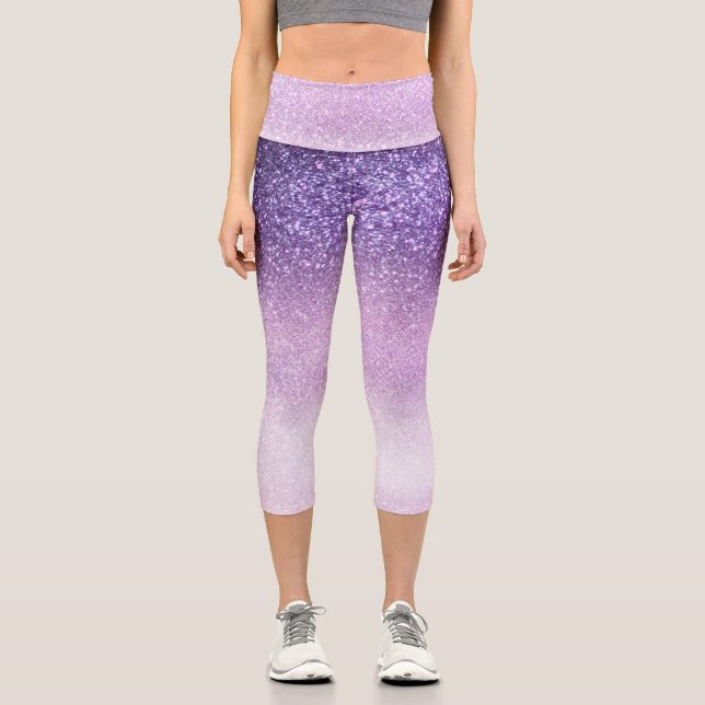 Violet Lilac Pastel Purple Triple Glitter Ombre Capri Leggings (Front)