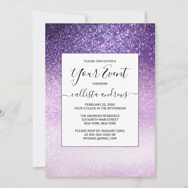Violet Lilac Pastel Purple Triple Glitter Ombre Invitation (Front)