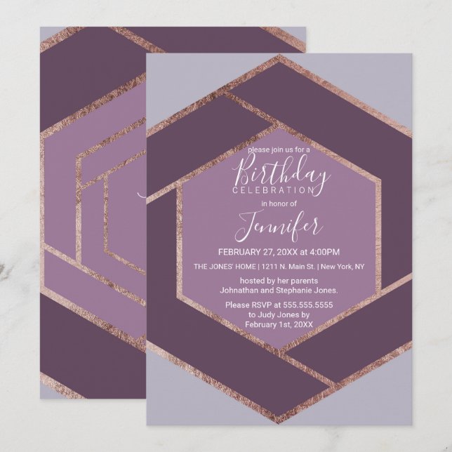 Violet Lilac Purple Rose Gold Hexagon Birthday Invitation (Front/Back)