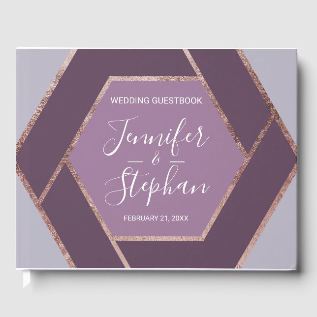 Violet Lilac Purple Rose Gold Hexagon Guestbook (Front)
