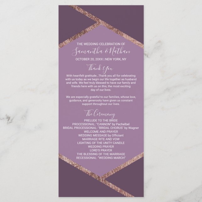 Violet Lilac Purple Rose Gold Hexagon Programs Programme (Front)