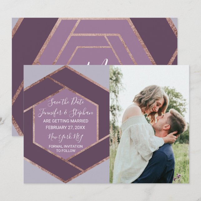 Violet Lilac Purple Rose Gold Hexagon Save Date Invitation (Front/Back)
