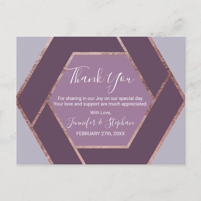 Violet Lilac Purple Rose Gold Hexagon Thank You Postcard (Front)