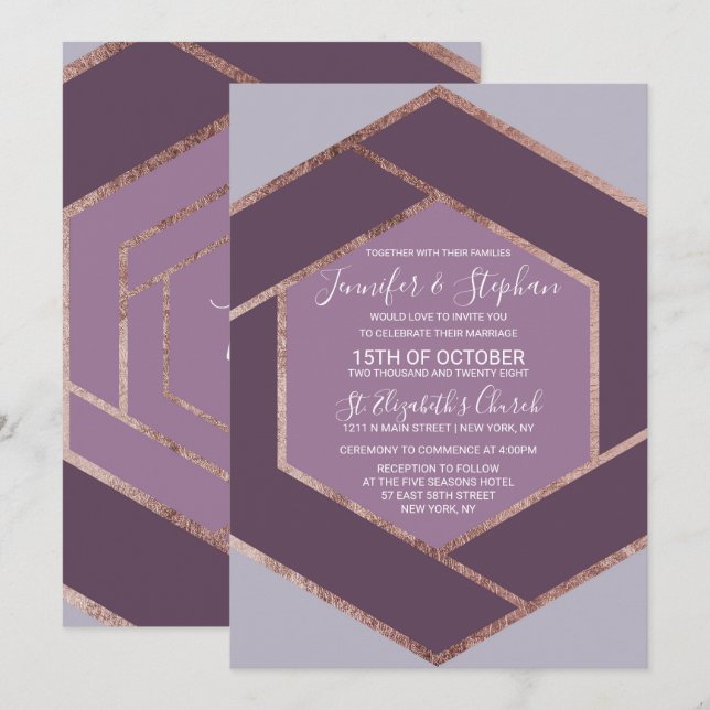 Violet Lilac Purple Rose Gold Hexagon Wedding Invitation (Front/Back)