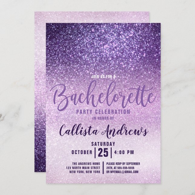 Violet Lilac Purple Triple Glitter Bachelorette Invitation (Front/Back)
