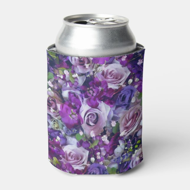 Violet Lilac Rose Flowers Garden Pattern Can Cooler (Can Front)