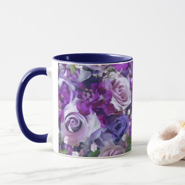 Violet Lilac Rose Flowers Garden Pattern Mug (With Donut)