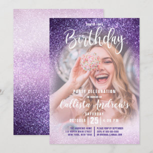 Violet Lilac Triple Glitter Ombre Photo Birthday Invitation