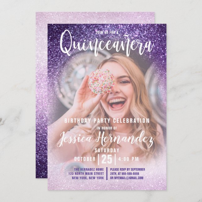 Violet Lilac Triple Glitter Photo Quinceañera Invitation (Front/Back)