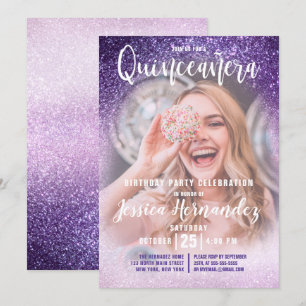 Violet Lilac Triple Glitter Photo Quinceañera Invitation