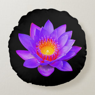 Violet Lotus Flower on Black Round Cushion