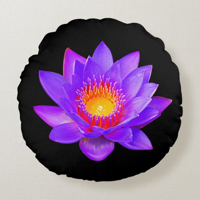 Violet Lotus Flower on Black Round Cushion (Front)