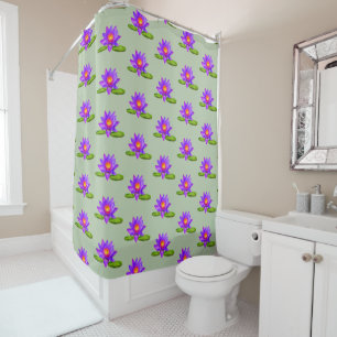 Violet Lotus Flowers & Lily Pad on Laurel Green Shower Curtain